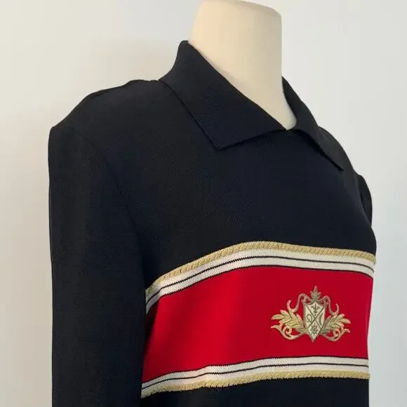 St. John Collection Collared Crest Pullover Sweater Black/Red Santana Knit M - Picture 4 of 14